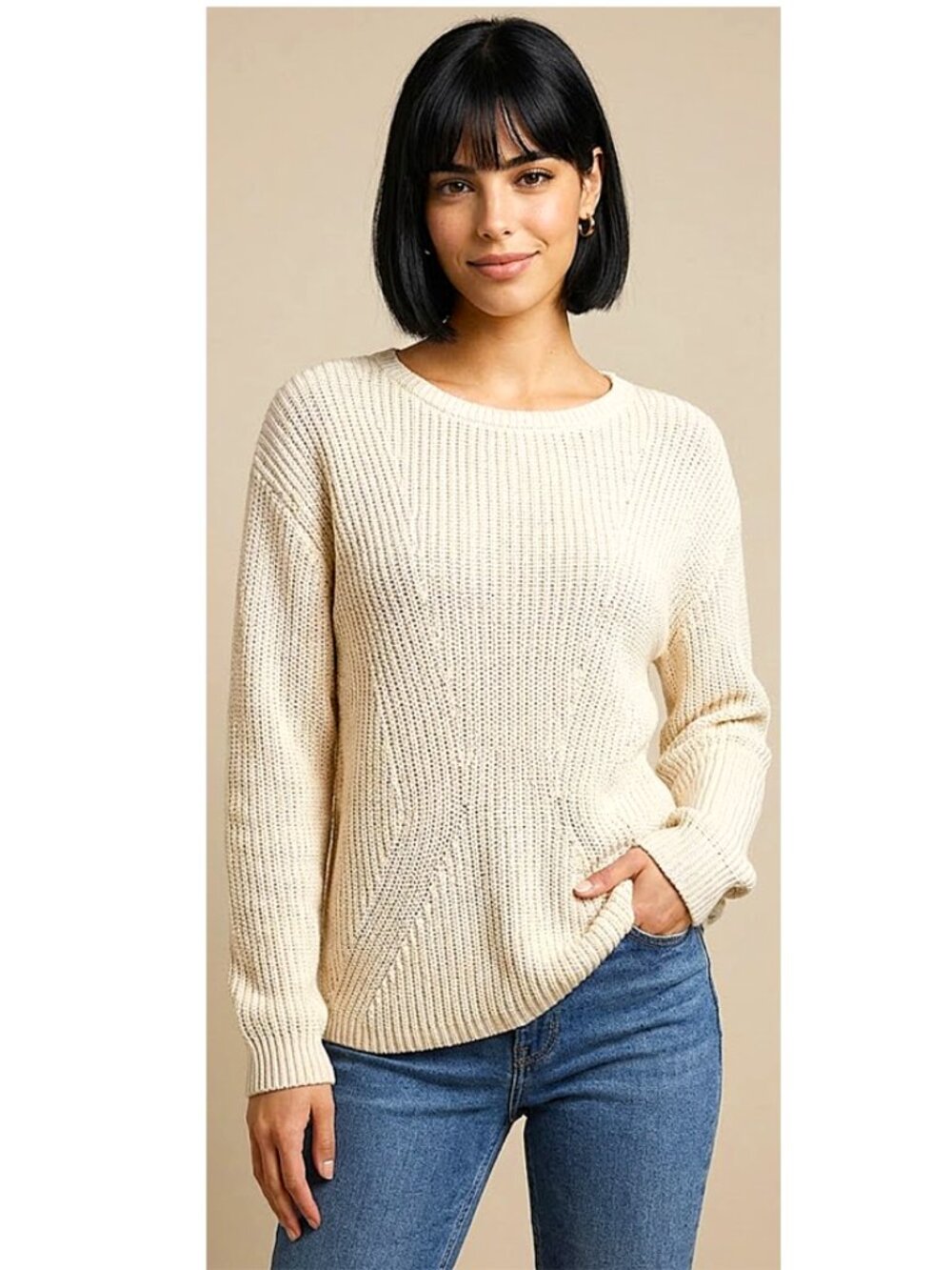 BANANA REPUBLIC - 100% cotton cream chunky pullover knitted sweater - Picture 4 of 13